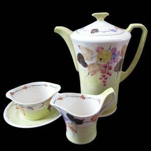 1920s Complete Mak Merry Makmerry Coffee Set. Yellow Ground with Fruit and Berries Pattern