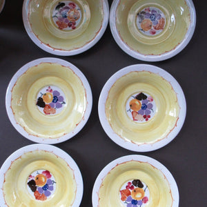 SCOTTISH POTTERY. 1920s Mak Merry Hand-Painted Coffee Set with Fruits and Berries. Pieces Signed in Yellow