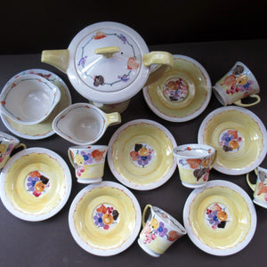 1920s Complete Mak Merry Makmerry Coffee Set. Yellow Ground with Fruit and Berries Pattern
