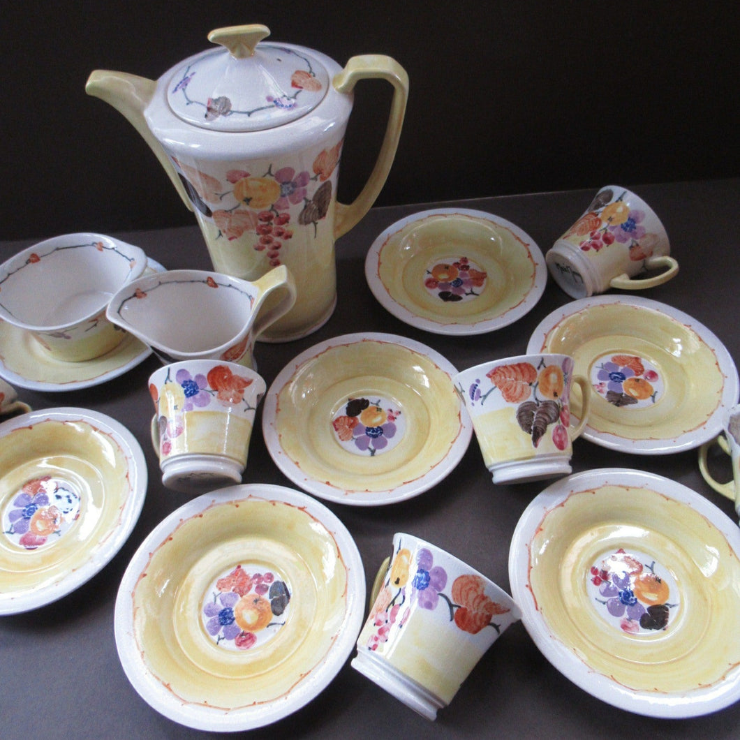 1920s Complete Mak Merry Makmerry Coffee Set. Yellow Ground with Fruit and Berries Pattern
