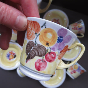 1920s Complete Mak Merry Makmerry Coffee Set. Yellow Ground with Fruit and Berries Pattern