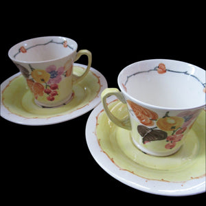 1920s Complete Mak Merry Makmerry Coffee Set. Yellow Ground with Fruit and Berries Pattern