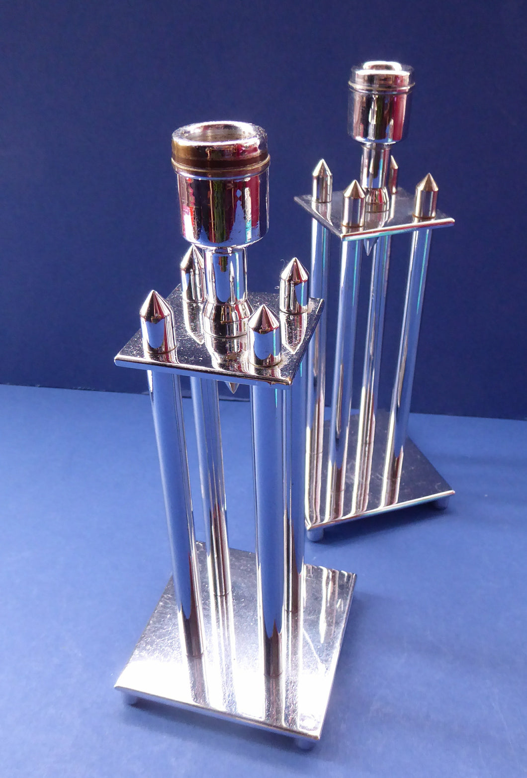 Pair of Vintage Art Deco Style Chrome Candlesticks on Brass