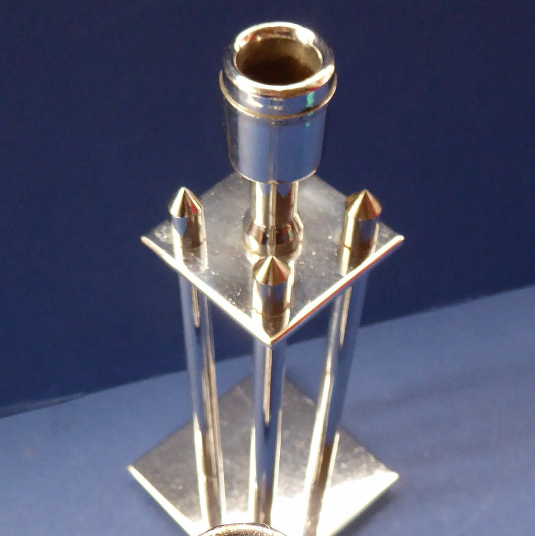 Pair of Vintage Art Deco Style Chrome Candlesticks on Brass