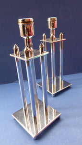 Pair of Vintage Art Deco Style Chrome Candlesticks on Brass