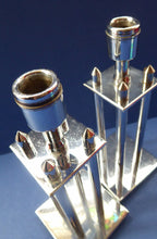 Load image into Gallery viewer, Pair of Vintage Art Deco Style Chrome Candlesticks on Brass
