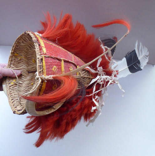 Vintage / Antique Nagaland Naga Woven Helmet Decorated with Goat Hair and Tusks