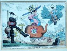 Load image into Gallery viewer, ANTIQUE SATIRICAL PRINT. 1820s Hand-Coloured Etching. LOCOMOTION by R.S. Shortshanks. Pulished by Thomas McLean
