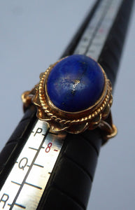 Vintage 9 CT Gold Ring Set With Oval Lapis Lazuli Polished Stone. Size N 1/2