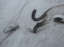 Load image into Gallery viewer, Vernon Stokes Etching Two Siamese Cats Watching a Cricket
