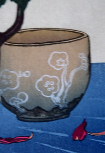 Yoshijiro Urushibara Colour Woodcut Flowers in Vase Pencil Signed Vintage