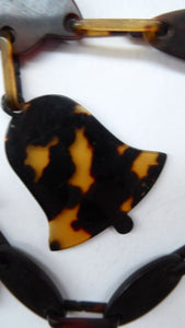 ANTIQUE Tortoiseshell Necklace - with Intricate Carved Chain & Decorative Bell Pendant Detail
