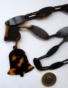 Antique 1880s Tortoiseshell Chain Link Pendant with Bell Decoration