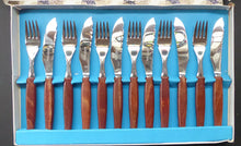 Load image into Gallery viewer, Vintage 1960s GLOSSWOOD Cutlery. Stainless Steel Fish Knives and Forks with Teak Effect Handles. Original Retail Box

