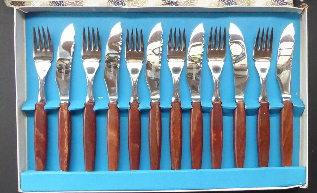 Vintage 1960s GLOSSWOOD Cutlery. Stainless Steel Fish Knives and Forks with Teak Effect Handles. Original Retail Box