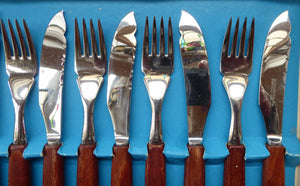 Vintage 1960s GLOSSWOOD Cutlery. Stainless Steel Fish Knives and Forks with Teak Effect Handles. Original Retail Box