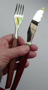 Vintage 1960s GLOSSWOOD Cutlery. Stainless Steel Fish Knives and Forks with Teak Effect Handles. Original Retail Box