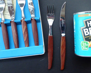1960s Glosswood Cutlery Steak Knives and Forks with Teak Handles