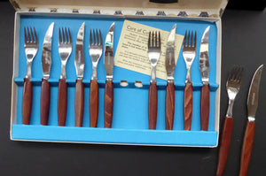 1960s Glosswood Cutlery Steak Knives and Forks with Teak Handles