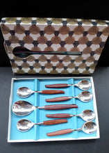 Load image into Gallery viewer, Vintage 1960s GLOSSWOOD Cutlery. Stainless Steel Six Dessert Spoons &amp; Larger Serving Spoon with Teak Effect Handles. Original Retail Box

