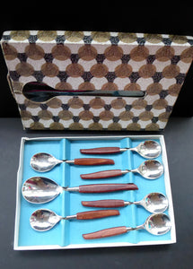 Vintage 1960s GLOSSWOOD Cutlery. Stainless Steel Six Dessert Spoons & Larger Serving Spoon with Teak Effect Handles. Original Retail Box