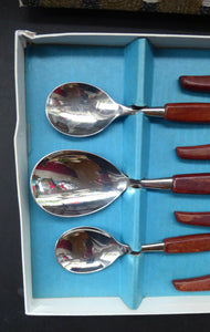 Vintage 1960s GLOSSWOOD Cutlery. Stainless Steel Six Dessert Spoons & Larger Serving Spoon with Teak Effect Handles. Original Retail Box