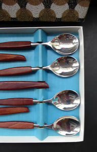 Vintage 1960s GLOSSWOOD Cutlery. Stainless Steel Six Dessert Spoons & Larger Serving Spoon with Teak Effect Handles. Original Retail Box