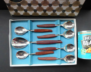 Vintage 1960s GLOSSWOOD Cutlery. Stainless Steel Six Dessert Spoons & Larger Serving Spoon with Teak Effect Handles. Original Retail Box