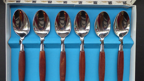 1960s Glosswood Cutlery. Stainless Steel Set of Six Dessert Spoons