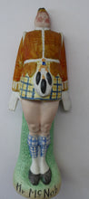 Load image into Gallery viewer, Very Rare Antique Bisque Porcelain SKINNY or Elongated Figurine by Schafer &amp; Vater: MR MCNAB (Scotsman In Mini Kilt) 
