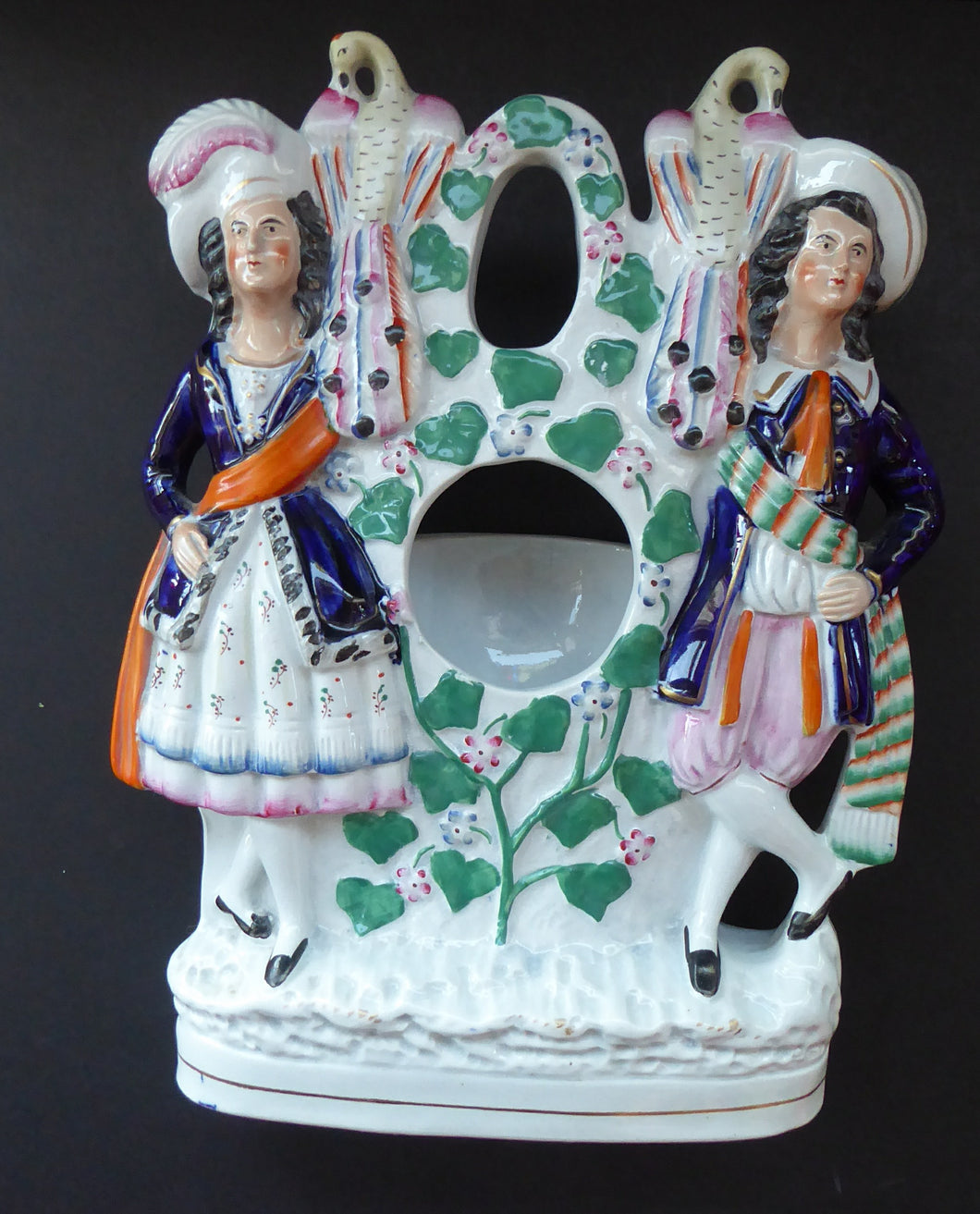 Antique STAFFORDSHIRE POTTERY Pocket Watch Holder. Large Figurine with Couple Standing in Vineyard with Two Peacocks Above