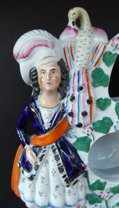 Antique STAFFORDSHIRE POTTERY Pocket Watch Holder. Large Figurine with Couple Standing in Vineyard with Two Peacocks Above