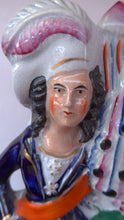 Load image into Gallery viewer, Antique STAFFORDSHIRE POTTERY Pocket Watch Holder. Large Figurine with Couple Standing in Vineyard with Two Peacocks Above
