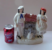 Load image into Gallery viewer, Antique STAFFORDSHIRE Flatback Figurine. Victorian Couple Standing Beside a Water Wall. Excellent Condition
