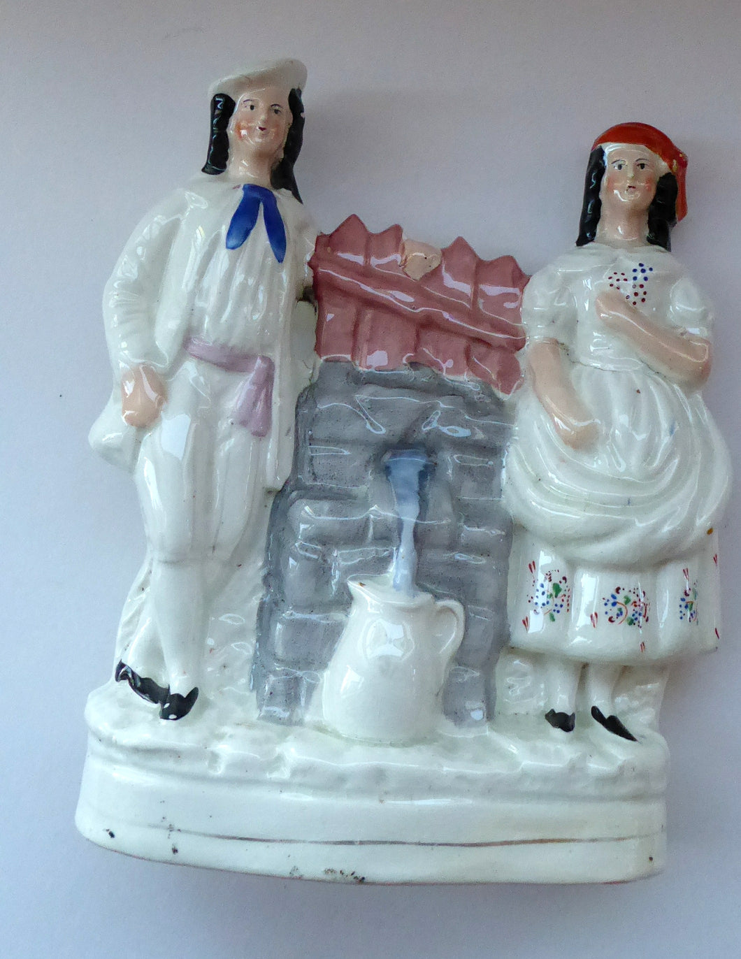 Antique STAFFORDSHIRE Flatback Figurine. Victorian Couple Standing Beside a Water Wall. Excellent Condition