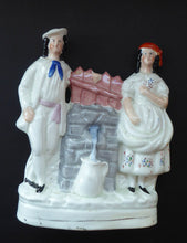 Load image into Gallery viewer, Antique STAFFORDSHIRE Flatback Figurine. Victorian Couple Standing Beside a Water Wall. Excellent Condition
