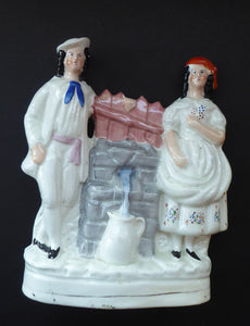 Antique STAFFORDSHIRE Flatback Figurine. Victorian Couple Standing Beside a Water Wall. Excellent Condition