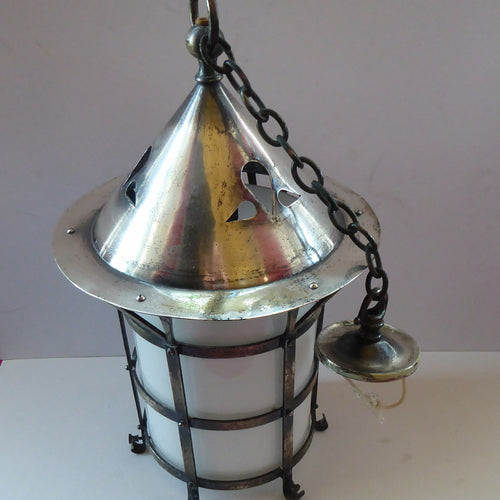 Arts and Crafts Metal and Glass Shade Pendant Hall Lantern. Early 20th Century Lamp