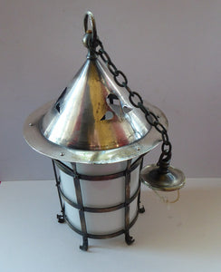 Vintage Arts and Crafts Metal and Glass Shade Pendant Hall Lantern. Early 20th Century Lamp