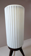 Load image into Gallery viewer, Vintage 1950s Scandinavian Style Table Lamp with Rosewood Tripod Feet and Tall Fluted White Glass Shade
