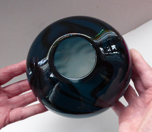 NEW ZEALAND Studio Glass by Katie Brown. Kingfisher Blue Bowl with Black Feathered Pattern