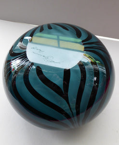 Attractive Piece of Studio Glass by Katie Brown. Kingfisher Blue Bowl with Black Feathered Pattern. Signed indistinctly to the base