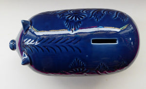 LARGE 1960s Vintage Ceramic Piggy Bank or Money Box. With Incised Floral Patterns, Shiny Blue Glaze and Original Stopper
