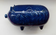 Load image into Gallery viewer, LARGE 1960s Vintage Ceramic Piggy Bank or Money Box. With Incised Floral Patterns, Shiny Blue Glaze and Original Stopper
