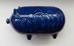 LARGE 1960s Vintage Ceramic Piggy Bank or Money Box. With Incised Floral Patterns, Shiny Blue Glaze and Original Stopper