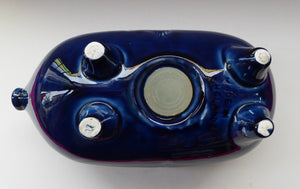 LARGE 1960s Vintage Ceramic Piggy Bank or Money Box. With Incised Floral Patterns, Shiny Blue Glaze and Original Stopper