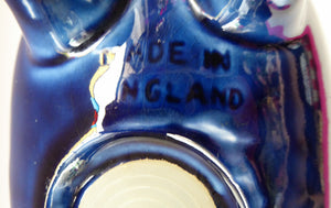 LARGE 1960s Vintage Ceramic Piggy Bank or Money Box. With Incised Floral Patterns, Shiny Blue Glaze and Original Stopper