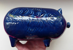 LARGE 1960s Vintage Ceramic Piggy Bank or Money Box. With Incised Floral Patterns, Shiny Blue Glaze and Original Stopper