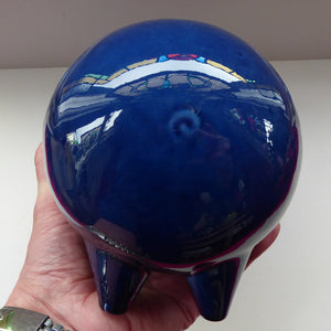 LARGE 1960s Vintage Ceramic Piggy Bank or Money Box. With Incised Floral Patterns, Shiny Blue Glaze and Original Stopper