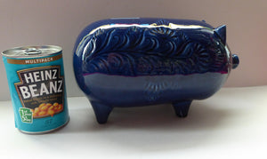 LARGE 1960s Vintage Ceramic Piggy Bank or Money Box. With Incised Floral Patterns, Shiny Blue Glaze and Original Stopper